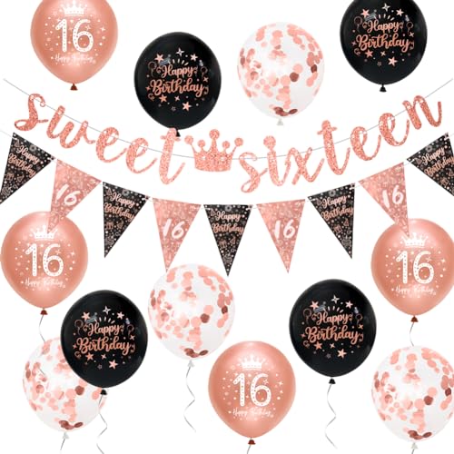 Girls 16th Birthday Decorations Black Rose Gold 16th Birthday Party Decorations Banner Bunting Kit Girls Sweet Sixteen by Sheinly