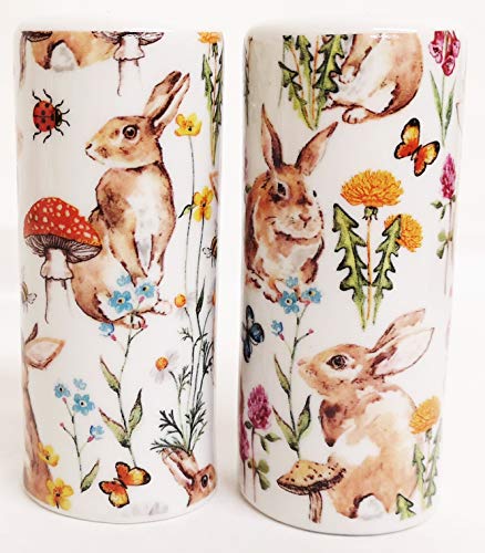 Rabbits Salt & Pepper Round Porcelain Rabbit & Flowers Fields Ceramic Cruet Set Hand Decorated in UK
