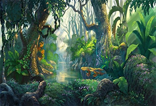 AOFOTO Fantastischer Dschungel-Hintergrund, Cartoon-Märchen, Wald, Fluss, tropischer Regenwald, Dickicht, Abenteuer, Camping, Safari, Party-Dekorationen, Banner, Kinder, Fotoshooting,