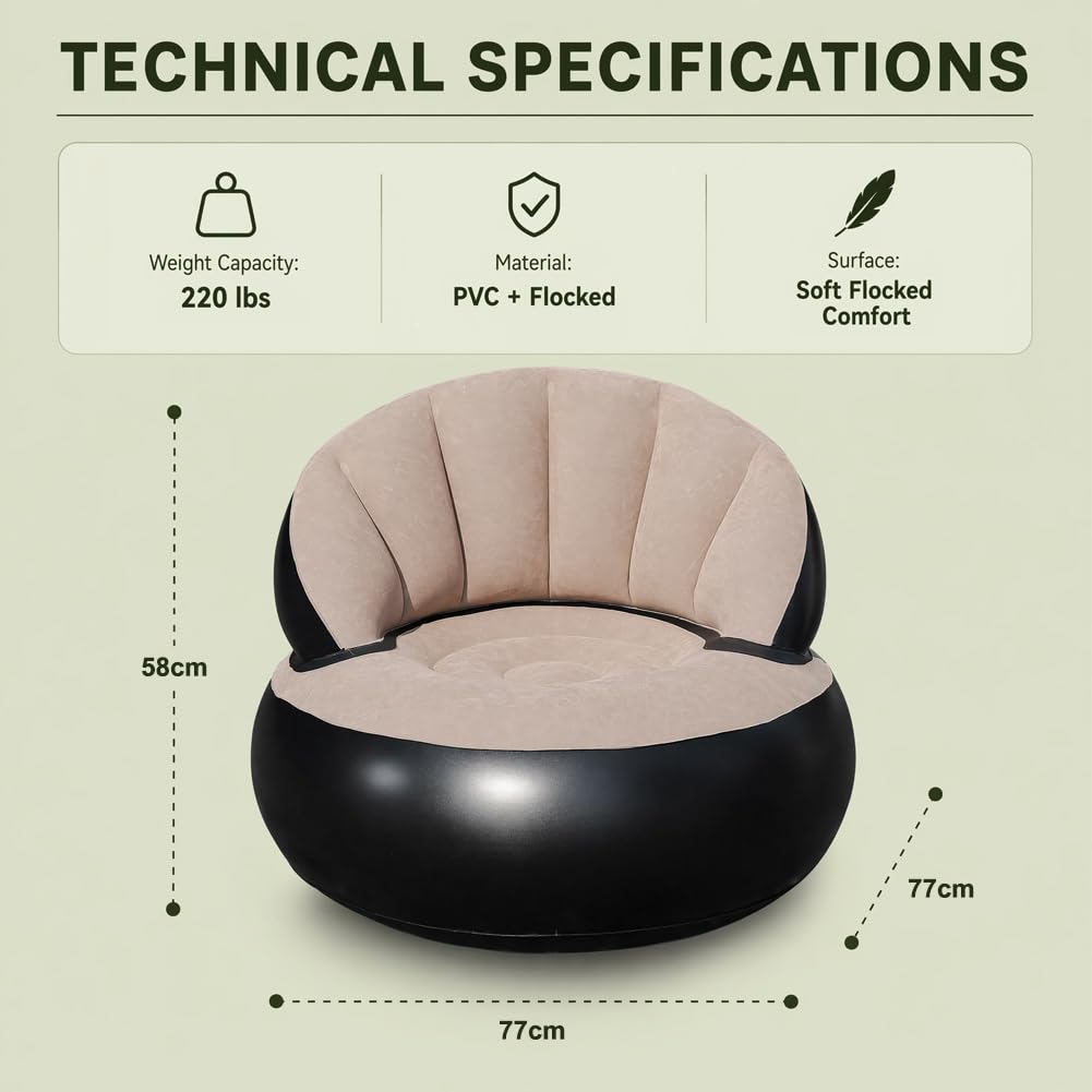 CEWROM Canapé gonflable 2 en 1 avec surface floquée, imperméable, fauteuil portable avec pompe pour salon, extérieur, camping, plage, voyage, canapé, pouf (gris)