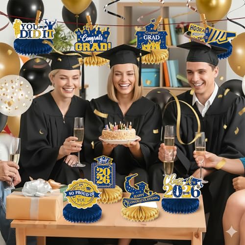 Image of 2026 Graduation Party Decorations - 8 Pcs Blue Gold Class of 2026 Graduation Party Table Decor Honeycomb Centerpieces for Tables Congratulate for 2026 Congrats Grad Party Supplies