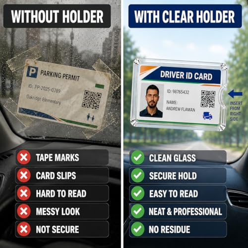 Image of AutoKraftZ Removable ID Card Holder for Car Windshield Set of 2 - Transparent Tag Holder for Car Glass | Non-Sticky Ticket & Parking Pass Holder