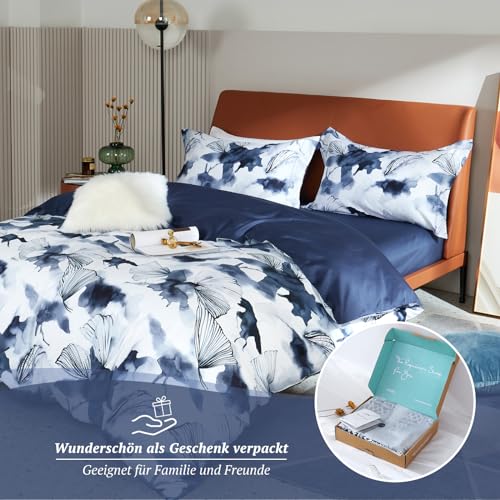 MILDLY Bettwäsche 200x200 Baumwolle Satin, 100% Langstapelige Baumwolle Pflanzenmuster Kühlende Bettwäsche-Sets, ÖkoTex Zertifiziert & für Allergiker Geeignet, Evan