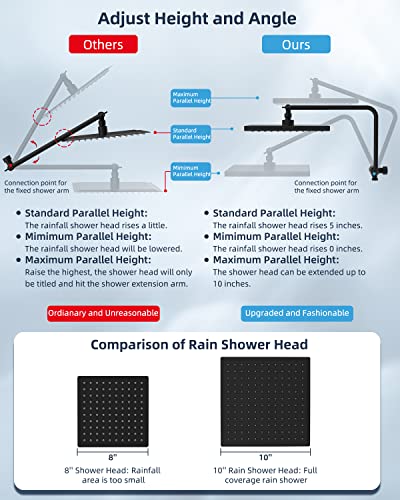 Hibbent Metal Shower Head, 10'' High Pressure Rainfall Shower Head/Handheld Showerhead Combo With 12'' Adjustable Shower Extension Arm, 7-Spray, 71'' Hose, Showerhead Holder, Matte Black #TOP1