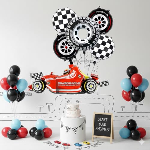 Image of Party Warehouse Racing Car Balloon Set for Boys Birthday-6Pcs |Race Theme Foil Balloons for Race Lovers|Red Car, Tyre & Checkered Flag Balloons for Kids /Adults Party Decorations