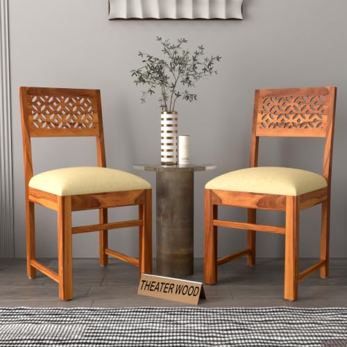 Image of Solid Sheesham Wood Dining Chair Set of 2 | Wooden Dining Chairs with Cushioned Seat | Modern Dining Room Chair for Home, Kitchen & Restaurant | Premium Honey Finish