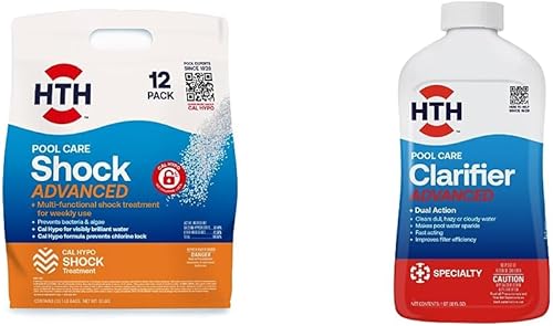 HTH 52037 Pool Care Shock Advanced, producto químico para piscina, fórmula Cal Hypo, 12 unidades (paquete de 1) y HTH 67067 Clarificador avanzado