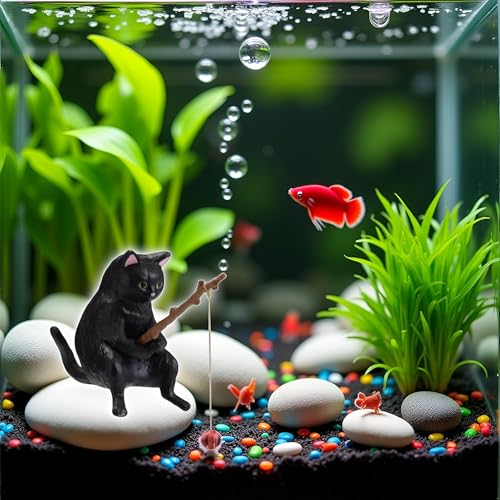 Image of BWESOO Black Fish Tank Landscaping Cartoon Fishing Cat Ornaments Aquarium Accessories Household Supplies Home Office Decorations Fishing Cat Figurine Ornaments Aquarium Decor