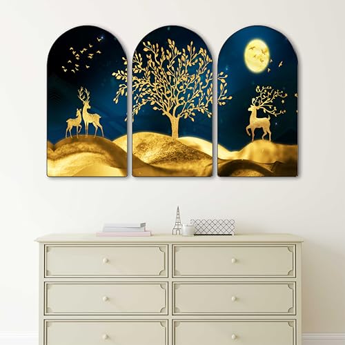 Image of SAF Golden Deer Moonlight Wall Art 3 Panel Set | Luxury Blue & Gold Tree Painting on MDF Board | Modern Wall Decor for Living Room Bedroom Office (30 x 50 Inch) RPNL-62