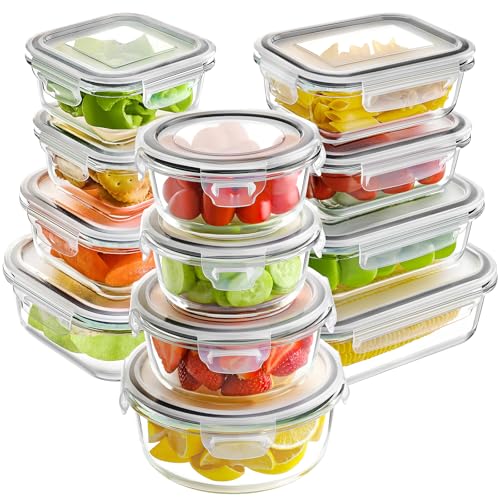 HOMBERKING 12 Sets Glass Food Storage Containers with Lids, Glass Meal Prep Containers, Airtight Glass Bento Boxes, BPA Free & Leak Proof, Pantry Kitchen Storage(12 lids & 12 Containers) – Gray