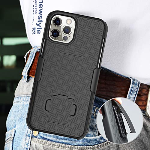 Hidahe Compatible With Holster Case For Iphone 12 Pro/Iphone 12, Combo Shell & Holster Slim Shell Case For Men With Built-In Kickstand + Swivel Belt Clip Holster For Iphone 12 Pro 6.1'' Only, Black #TOP1
