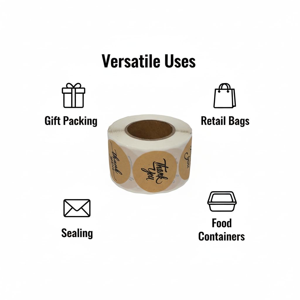 Rotolo di 500 adesivi di ringraziamento – Etichette rotonde in carta kraft da 3,8 cm con scritta nera – Adesivi autoadesivi per imballaggi di piccole imprese, sacchetti di carta, scatole regalo buste