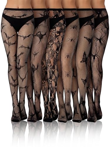 Image of Ramede 6 Pairs Women Fishnet Tights Thigh High Waist Bow Stockings Patterned Lace Fishnet Leggings Pantyhose for Halloween