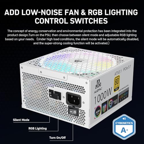 Image of 1000W Fully Modular Power Supply, 80+ Gold PSU, ATX 3.1 & PCIe 5.1 Ready, Native Dual-Color 12V-2x6 Cable, RGB Low-Noise Smart Fan, 105C-Rated Capacitors, White