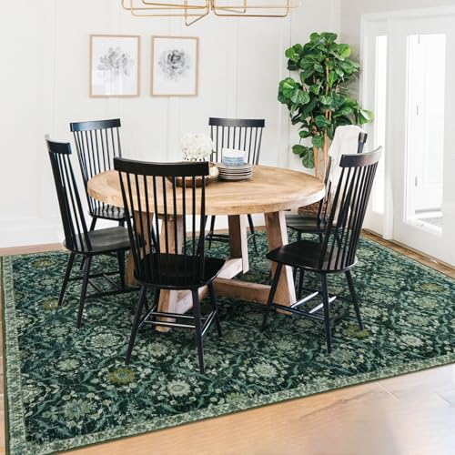 KILOCOCO 5x7 Area Rug, Moroccan Super Soft Washable Living Room Vintage Rug, Non-Slip Large Print Faux Wool Throw Indoor Rug for Entryway Bedroom Office Carpet, Dark Green