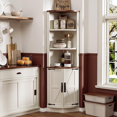 AHB 63\" Tall Corner Cabinet Farmhouse Storage Cabinet with Doors and Shelves, Home Space Saver Corner Storage Shelf for Kitchen Living Room, Antique White