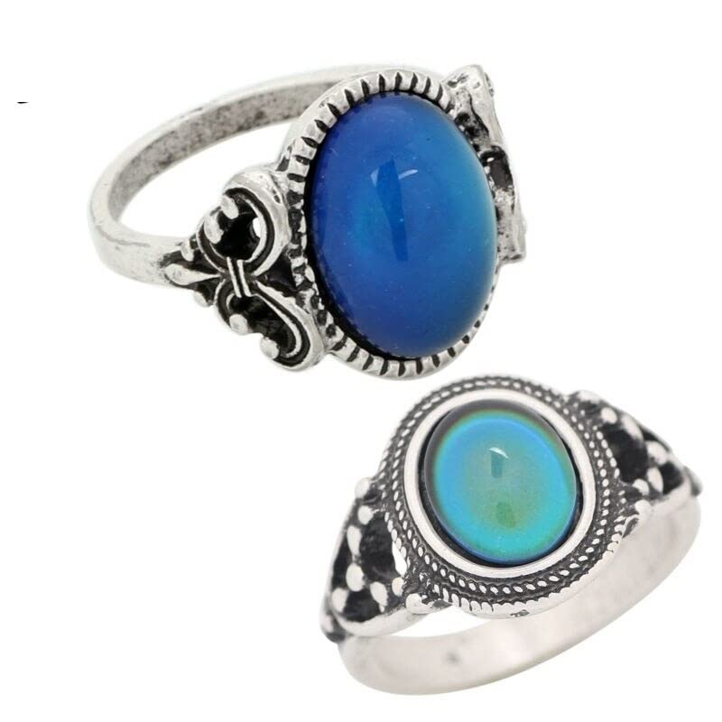 SALAN 2 Uds Anillos De Estado De Ánimo Que Cambian De Color Chapados En Plata Antigua Que Cambian La Temperatura Del Color Conjunto De Anillos De Sensación De Emoción Para Mujeres/hombres