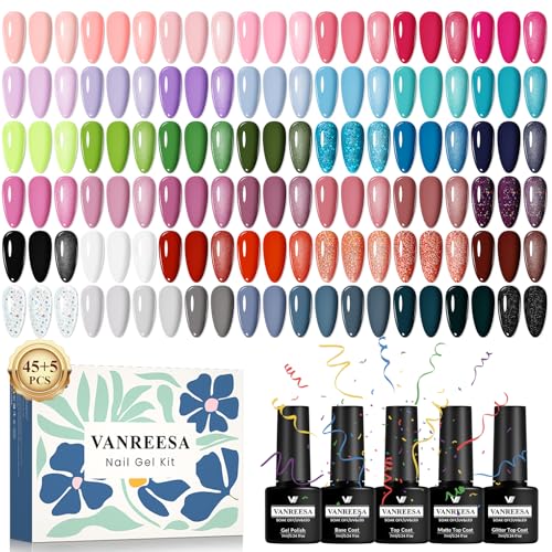 VANREESA Gel Nail Polish Set, 45+5 PCS Gel Polish Set with Base and Top Coat 45 Colours Pink Lilac Blue Red All Seasons Nail Varnish Set Nail Salon Set Gifts for Women