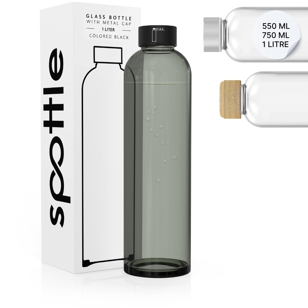 Spottle Black Tinted / Metal Lid Glass Water Bottle 500Ml - 750Ml - 1 Litre - Borosilicate Glass Water Bottle 1L With Lid Bpa Free - For Home - For Fridge - Dishwasher Safe (Black Tinted/Metal Lid, 550 Ml)