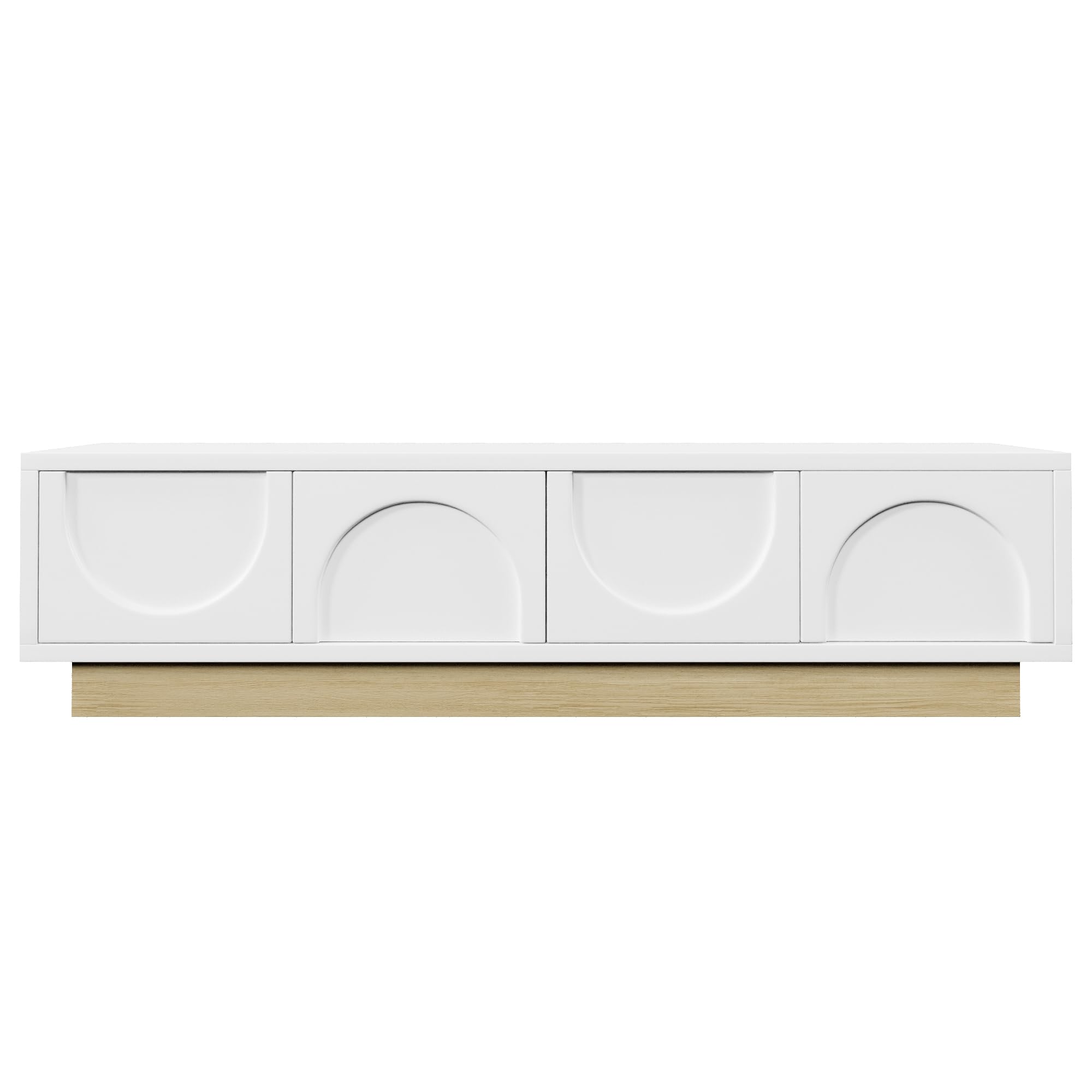 Merax Meuble TV blanc avec grain de bois - 175 cm - Design incurvé minimaliste - Espace de rangement suffisant et gestion des câbles - Sans poignée avec fonction push-to-open - 175 x 40 x 42 cm (L x l