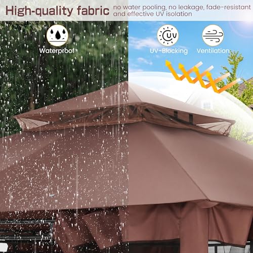 Image of COBIZI 10x10 FT Outdoor Gazebo, Soft Top Patio Gazebo with Ventilated Double-Tier Roof, Heavy-Duty Metal Frame Canopy with Removable Privacy Curtains for Backyard, Garden, Lawn, Brown