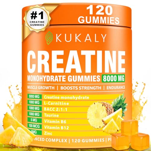Image of kukaly Creatine Monohydrate Gummies for Men & Women, Creatine Gummies Sugar Free Pineapple Flavored with L-Taurine BCAA 2:1, B12 B6 for Boost Strength, Focus & Endurance, Vegan, Non-GMO 120pcs
