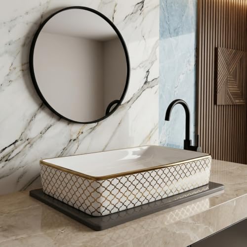 Image of Luxurious Golden Table Top for Bathroom /Ceramic Bathroom Wash Basin /Countertop Wash Basin /Vessel Sink (20x16 Inch)