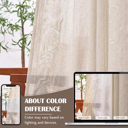 Image of jinchan Ivory Floral Linen Curtains for Living Room 72 inch Back Tab 2 Panels