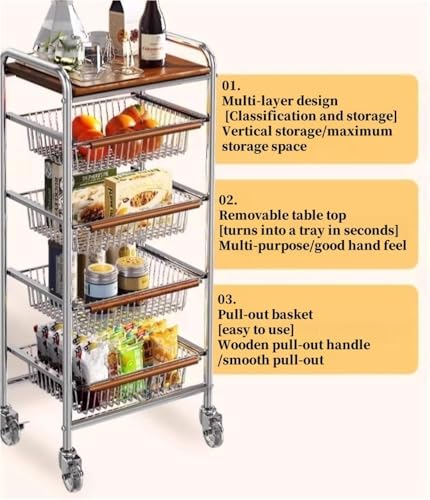 Carrito de barra de metal móvil con cestas de alambre, carrito de almacenamiento para cocina, despensa, cafetería, baño, oficina