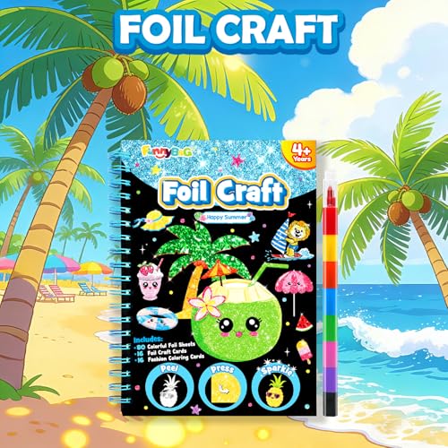 Image of FUNNYB&G Foil Art Craft Kit for Kids 4-10 Years Old: Mess-Free & No-Glue, Create 16 Sparkly Happy Summer Pictures - Perfect Travel Toy & Birthday Gift for Kids(Summer