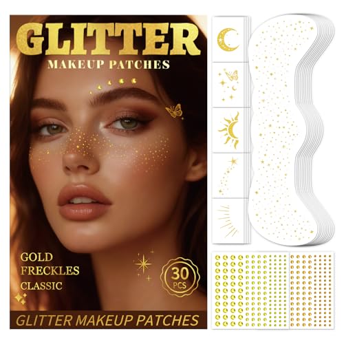30PCS Glitter Freckles Face Tattoos & Face Gems Set Classic Gold Glitter Temporary Tattoos for Makeup Patches Fake Freckles Face Glitter for Womens Rave Outfits & Accessories