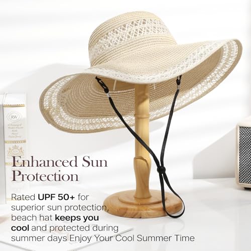 Image of Womens Beach Sun Straw Hat, Wide Brim Sun Hat Travel Foldable Summer Wind Lanyard UPF 50+