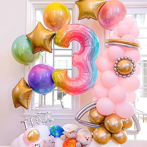 Image of 40 Inch Giant Rainbow Number 3 Balloons, Birthday Balloons, Helium Mylar Foil Big Number Balloons for Birthday Party Decorations, Kids' Birthday Anniversary Party Baby Shower Unicorn Parties
