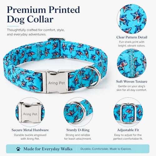 Image of ARING PET Summer Dog Collar for Small Medium Large Boy Dogs-Blue Shark M | Cute Male Heavy Duty Pet Collars with Metal Buckle for XS S M L XL Dogs, for Beach Trips Lake Camping Seaside Outdoor Stroll