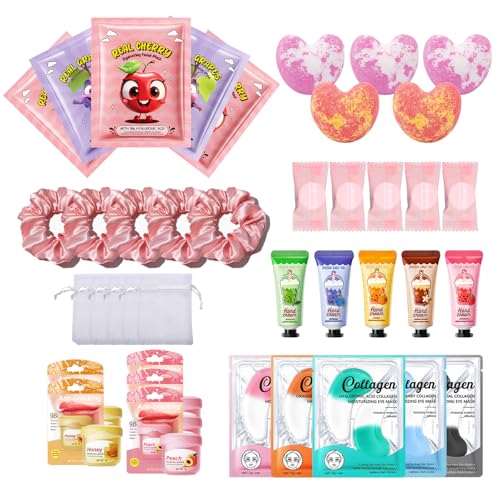 Kids Pamper Sets for Girls - 40 Piece Sleepover Party Supplies for Girls with Facial Masks Eye Patches Hand Cream Lip Balm & Foot Bath Bombs Pamper Party Gift Set for Birthday Spa Nights (Pink)