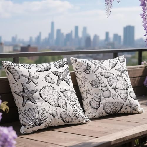 Coussin Exterieur Impermeable Noir Blanc Housse Coussin 40x40cm Lot de 2 Taie Oreiller Velours Coussins Canape lit Coquille Carré Decoration Maison Exterieur Housses de Canapé Salon de Jardin h-11305