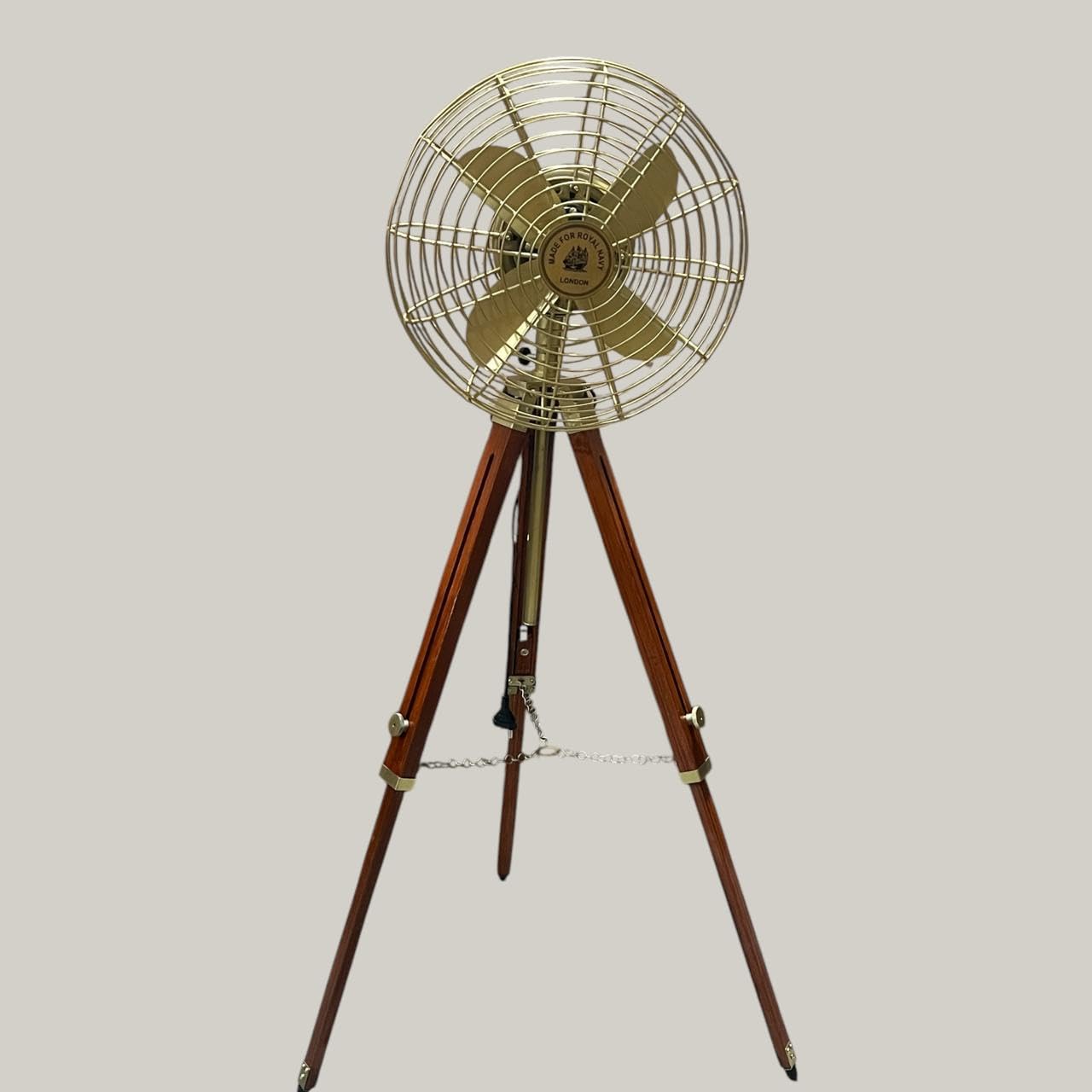 Brass Antique Made for Royal Navy London Handmade Floor Fan with Brown Wooden Ad