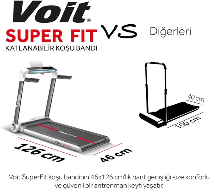 VOIT SUPER FIT 2.0 HP Katlanabilir Koşu Bandı – 46x126 cm Yürüme Alanı, LED Ekran, Bluetooth Hoparlör & APP Kontrollü, Tartan Cushion Zemin, Elden Nabız Ölçer, 90° Dikey Katlanabilir