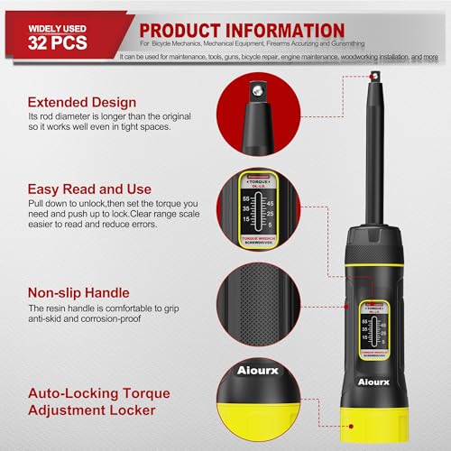 Image of Long Shank Torque Screwdriver Set, 5-55 Inch Pounds lbs, 32 Piece 1 /4 inch Drive Torque Screwdriver Wrench with S2 Steel Bits for Bicycle Mechanics, Mechanical Equipment, and Mounting