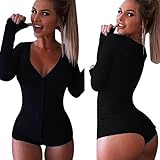 Moxeay V-neck One Piece Bodysuit Long Sleeve Bodycon Rompers Small Black