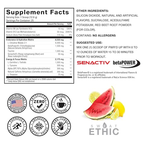 Image of Sweat Ethic PWR'D UP Pre Workout, Natural Caffeine, No Beta Alanine, Zero Tingle, Supports Training & Performance, Easy Mix Powder for Preworkout Energy, Watermelon Lemonade Flavor, 50 Servings