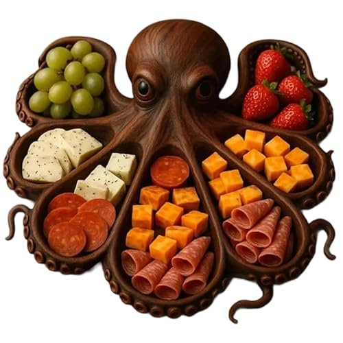 Plato de embutidos | Plato de madera de pulpo para servir embutidos | Contenedor de almacenamiento de alimentos con diseño de división para frutas, mariscos, aperitivos, carnes