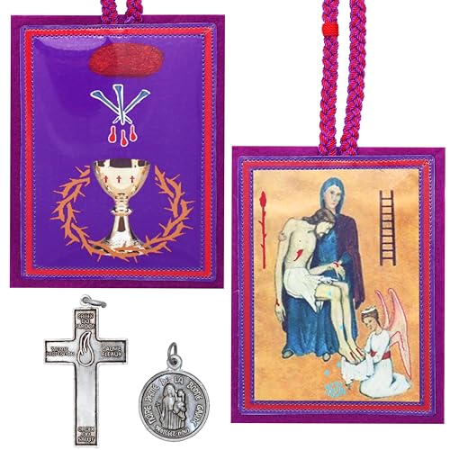 Tierra Espirituosa Purple Scapular Catholic Marie Julie Jahenny of Benediction and Protection Cross of Forgiveness and Medal of Our Mother of Good Guard Escapulario Morado Catolico