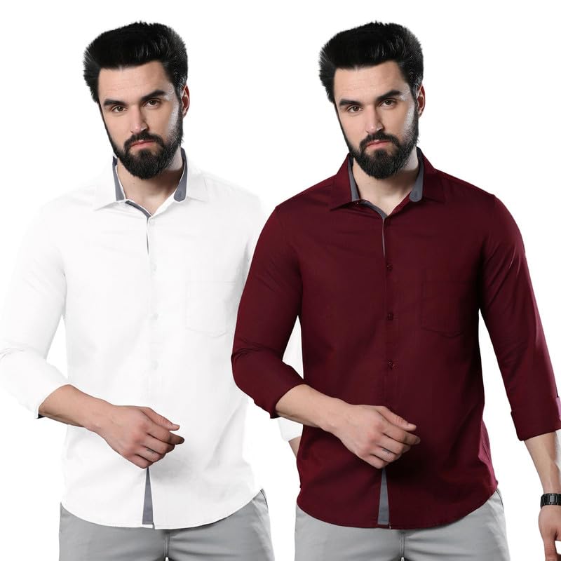 Image of Pinkmint Combo of Men Casual Cotton Blend Full Sleeves Formal Regular Slim Fit Plain Office Shirts