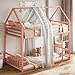 LIKIMIO Bunk Bed Twin XL Over Twin XL, Metal Bunk Bed Frame with Ladder and Guardrail, House Shaped with Metal Slats for Dormitory and Bedroom, Space Saving, No Box Spring Needed, Pink