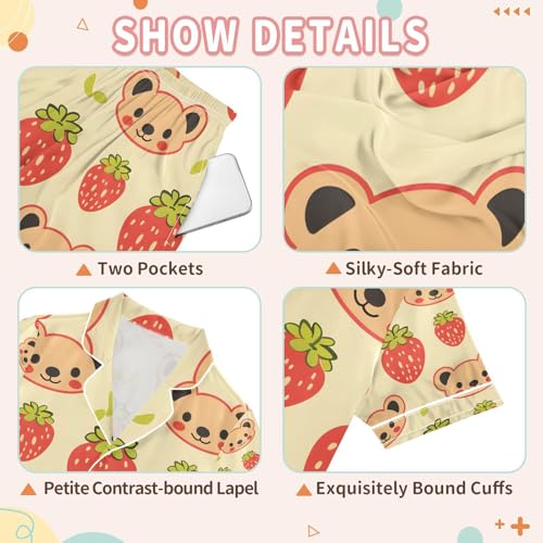 senya Face Bear with Strawberry Satin Summer Pajama Sets Silk Short Sleeve Button Down Sleepwear3