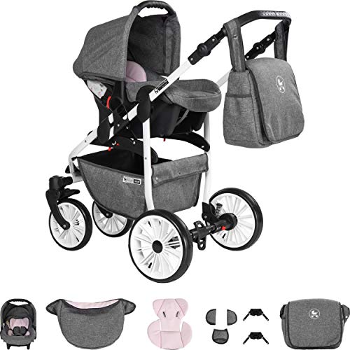 Friedrich Hugo Berlin 3-in-1 combi-kinderwagenset, gelbanden, kleur: Grey and Light Rose Day - Afbeelding 4