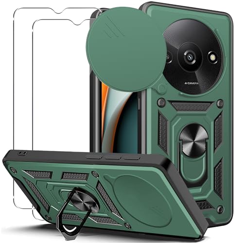 KUSINHOKA Funda para Xiaomi Redmi A3 con Protección de Cámara Cubierta y Soporte de Anillo + [2 Pack] Cristal Templado, [Antigolpes Grado Militar] [Anti-arañazos] Protectora Carcasa Funda, Verde