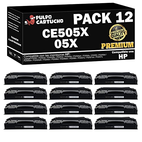 Pulpo Cartucho   Toner CE505X Premium Negro Compatible con HP CE505X Premium/Ref. 05X   Pack 12   Premium   Valido para Impresoras Laserjet Series P2050 / P2053 / P2054 / P2055 / P2056 / P2057