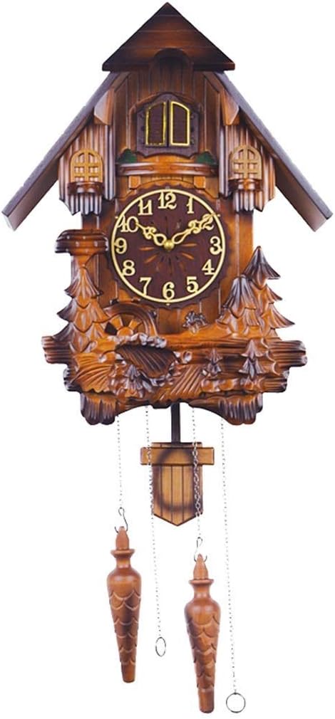 Cuckoo with Night Mode in Traditional German Style with Carved Squirrels Art Crafts Home Wooden Cuckoo Clock Wall Decoration